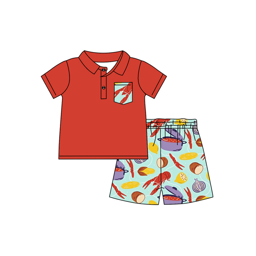 Baby Boys Red Short Sleeves Button Down Pocket Top Crayfish Shorts Mardi Gras Set Preorder