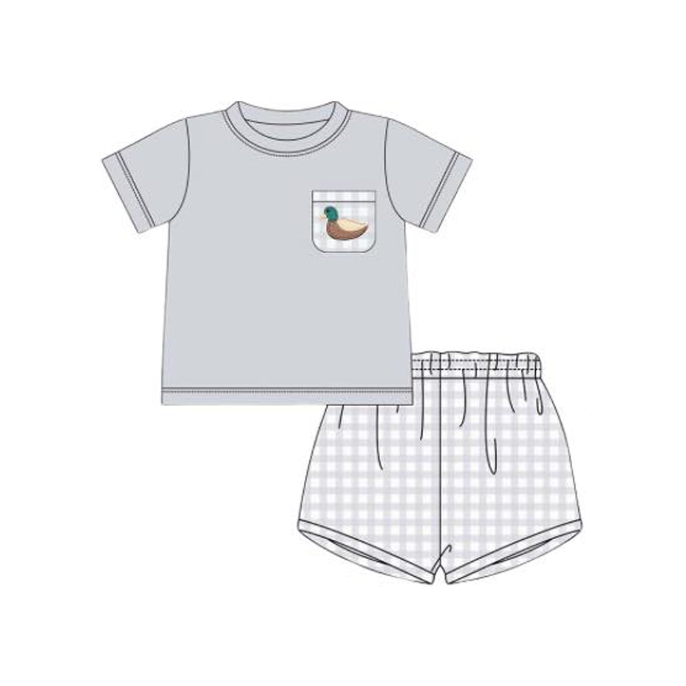 Baby Boys Gray Short Sleeves Duck Pocket Top Plaid Shorts Set Preorder