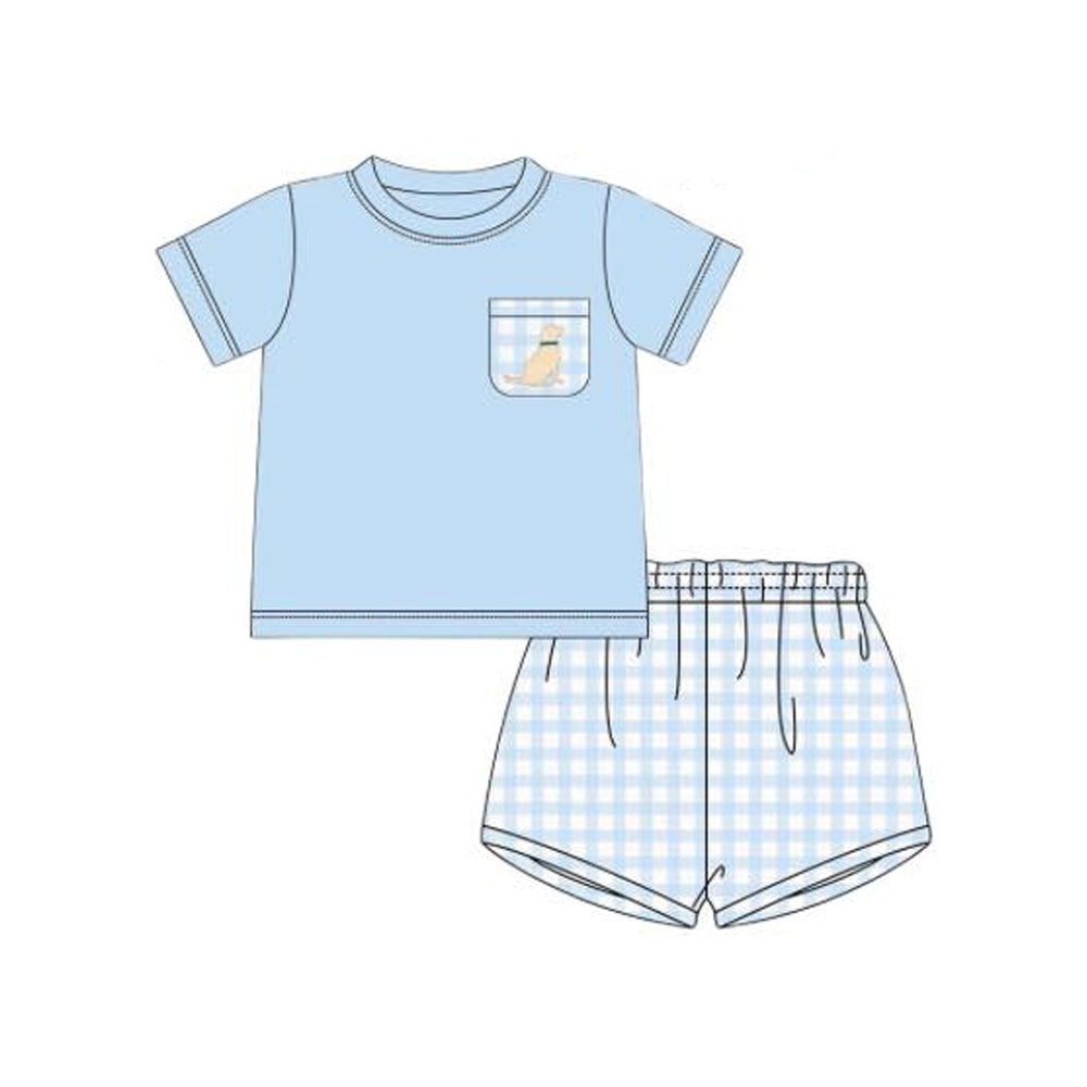 Baby Boys Blue Short Sleeves Dog Pocket Top Plaid Shorts Set Preorder