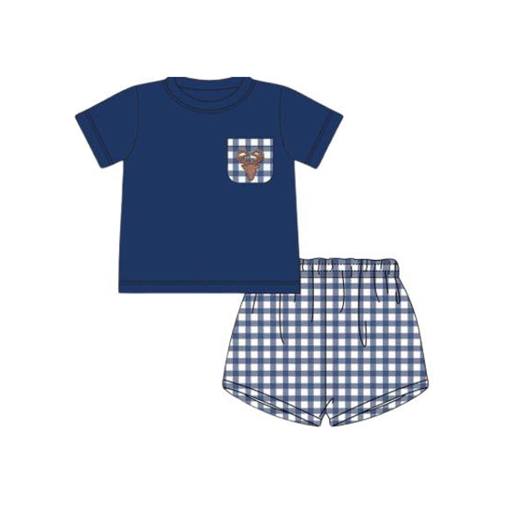 Baby Boys Hot Blue Short Sleeves Deer Pocket Top Plaid Shorts Set Preorder