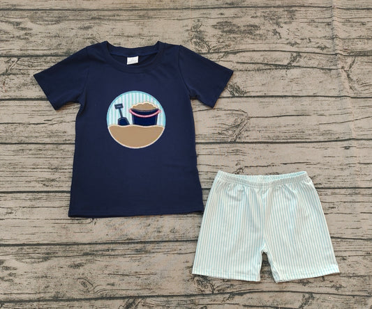 Baby Boys Hot Blue Short Sleeves Embroidery Beach Print Top Blue Stripe Shorts Set Preorder