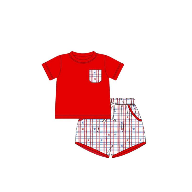 Baby Boys Red Short Sleeves Pocket Top Plaid Stars Shorts 4th Of July Set Preorder