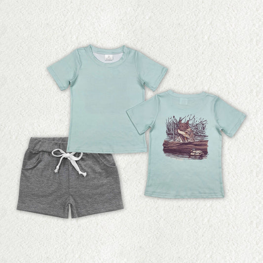 Baby Boys Aqua Short Sleeves Dog Duck Print Top Gray Pocket Shorts Set