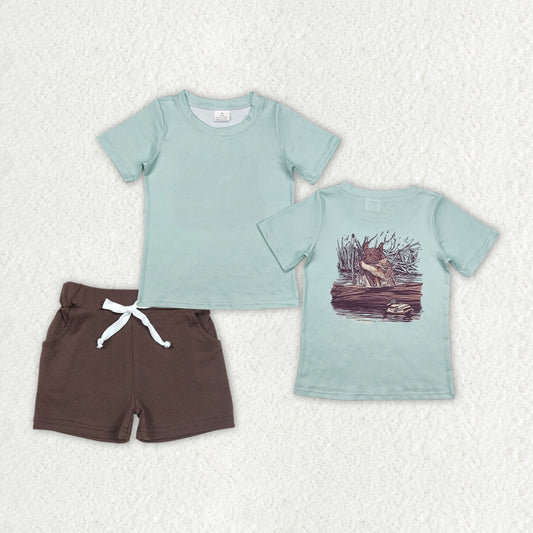 Baby Boys Aqua Short Sleeves Dog Duck Print Top Brown Pocket Shorts Set