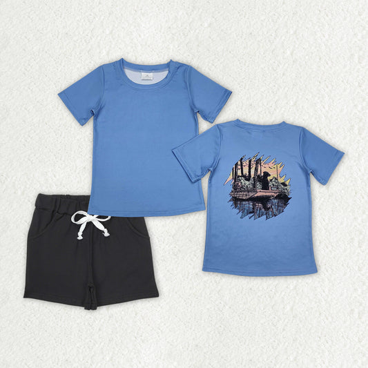 Baby Boys Hot Blue Short Sleeves Dog Print Top Black Pocket Shorts Set