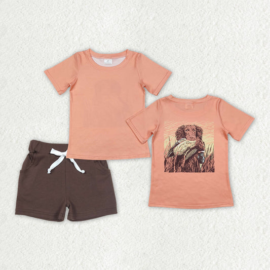 Baby Boys Peach Short Sleeves Dog Duck Print Top Brown Pocket Shorts Set