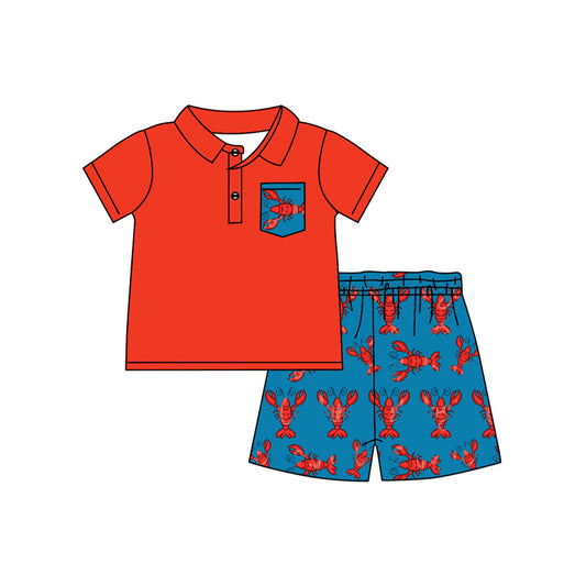 Baby Boys Red Short Sleeves Button Down Pocket Top Blue Crayfishes Plaid Shorts Set Preorder