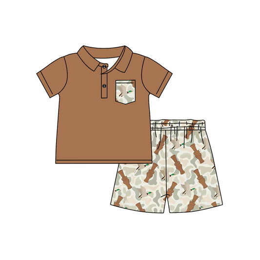 Baby Boys Brown Short Sleeves Button Down Pocket Top Duck Camo Shorts Set Preorder