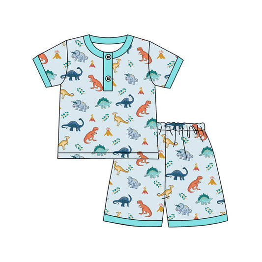 Baby Boys Blue Short Sleeves Button Down Dinosaurs Top Shorts Pajamas Set Preorder