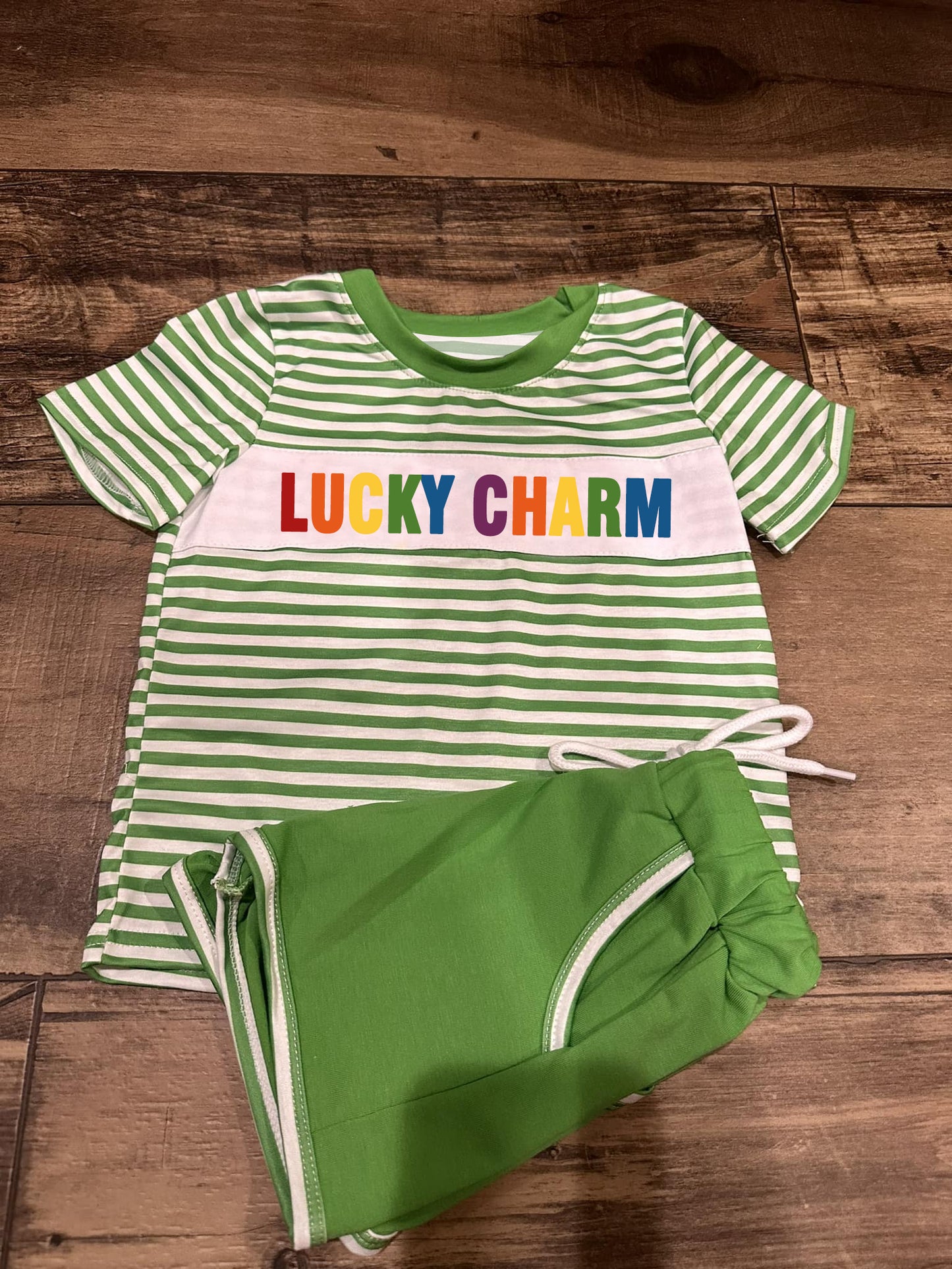 Baby Boys Green Stripe Short Sleeves LUCKY CHARM Top Pockets Shorts St Patrick Set Preorder