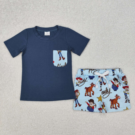Baby Boys Hot Blue Short Sleeves Pocket Top Howdy Stars Shorts Set