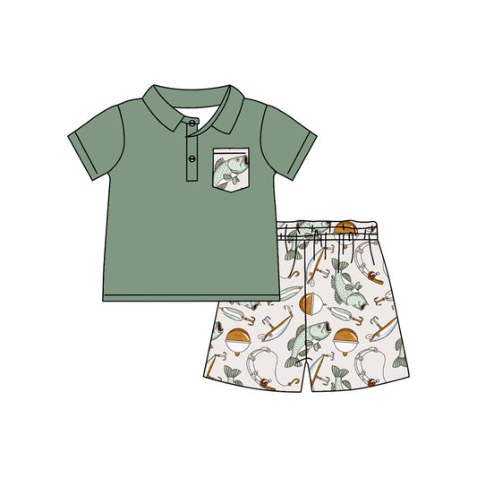 Baby Boys Green Short Sleeves Button Down Pocket Top Fishing Shorts Western Set Preorder