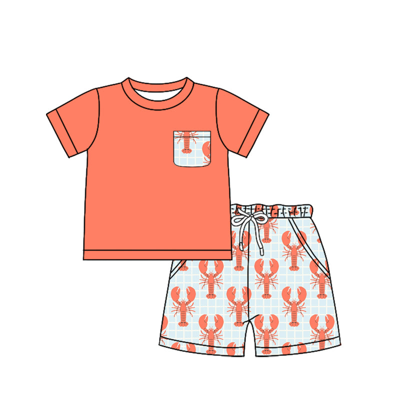 Baby Boys Peach Short Sleeves Crayfishes Top Pockets Shorts Mardi Gras Set Preorder