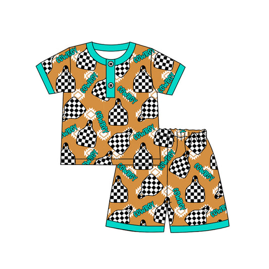 Baby Boys Khaki Short Sleeves Cowboy Aztec Print Button Down Top Shorts Western Pajamas Set Preorder