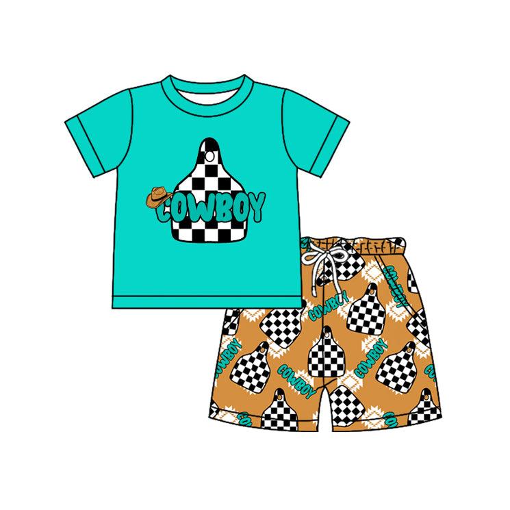 Baby Boys Aqua Short Sleeves Cowboy Print Top Pockets Shorts Western Set Preorder