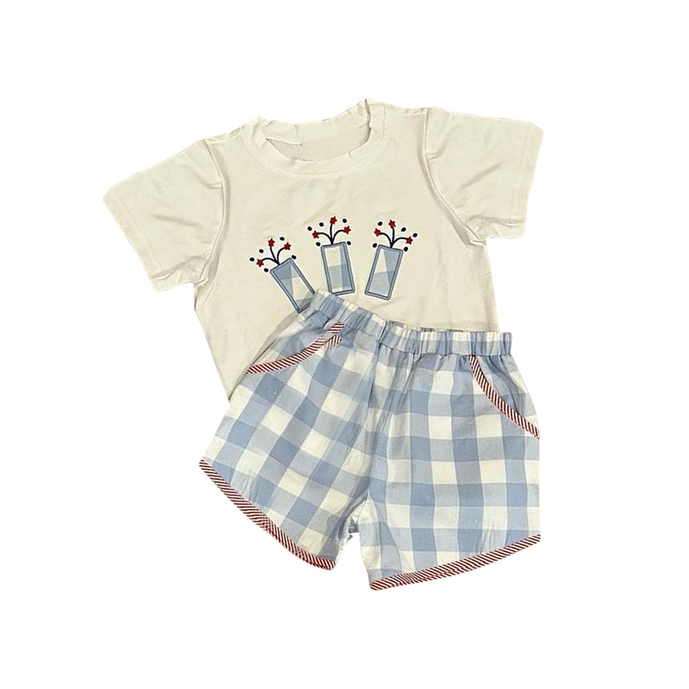 Baby Boys Short Sleeves Firework Top Blue Plaid Pocket Short 4th Of July Set Preorder