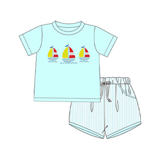 Baby Boys Aqua Short Sleeves Boats Print Top Stripe Pockets Short Set Preorder