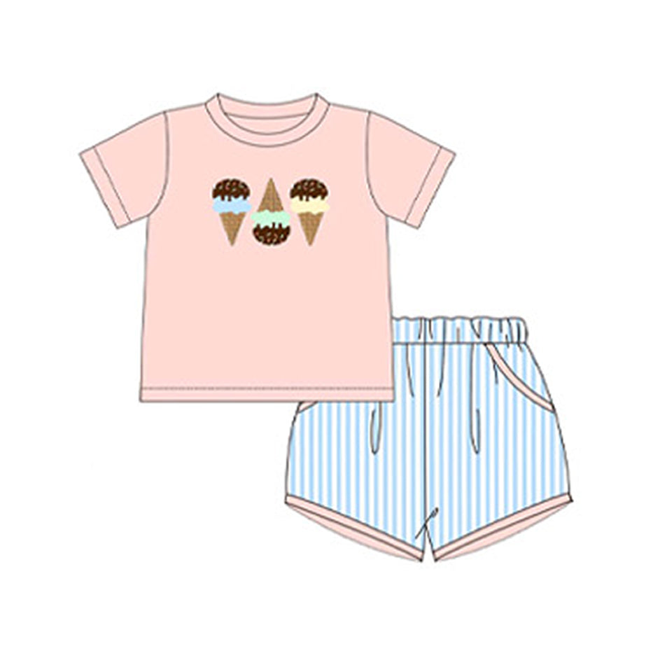 Baby Boys Peach Short Sleeves Ice Cream Print Top Blue Stripe Pockets Short Set Preorder