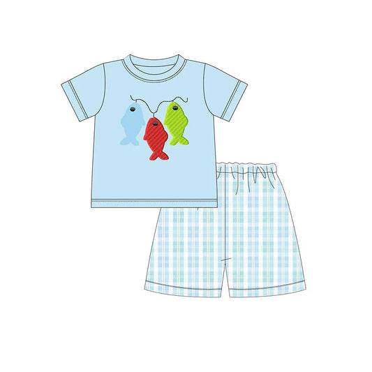 Baby Boys Blue Short Sleeves Fishing Print Top Plaid Short Set Preorder