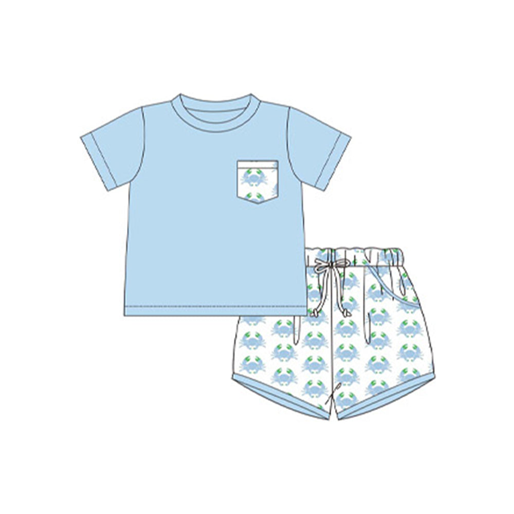 Baby Boys Blue Short Sleeves Pocket Top Crabs Plaid Print Short Set Preorder