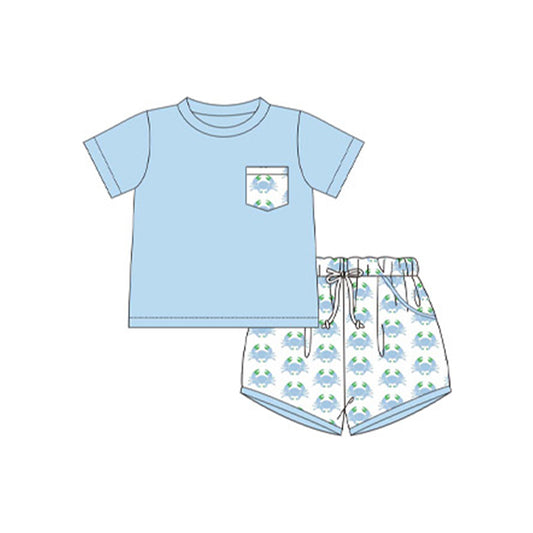 Baby Boys Blue Short Sleeves Pocket Top Crabs Plaid Print Short Set Preorder