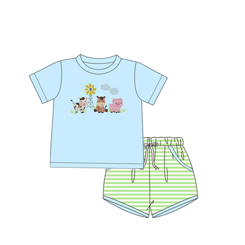 Baby Boys Blue Short Sleeves Cows Pig Print Top Aqua Stripe Pockets Short Farm Set Preorder