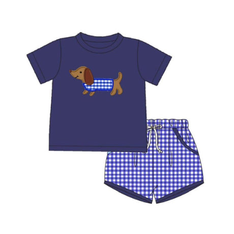 Baby Boys Navy Short Sleeves Dog Print Top Plaid Pockets Short Set Preorder