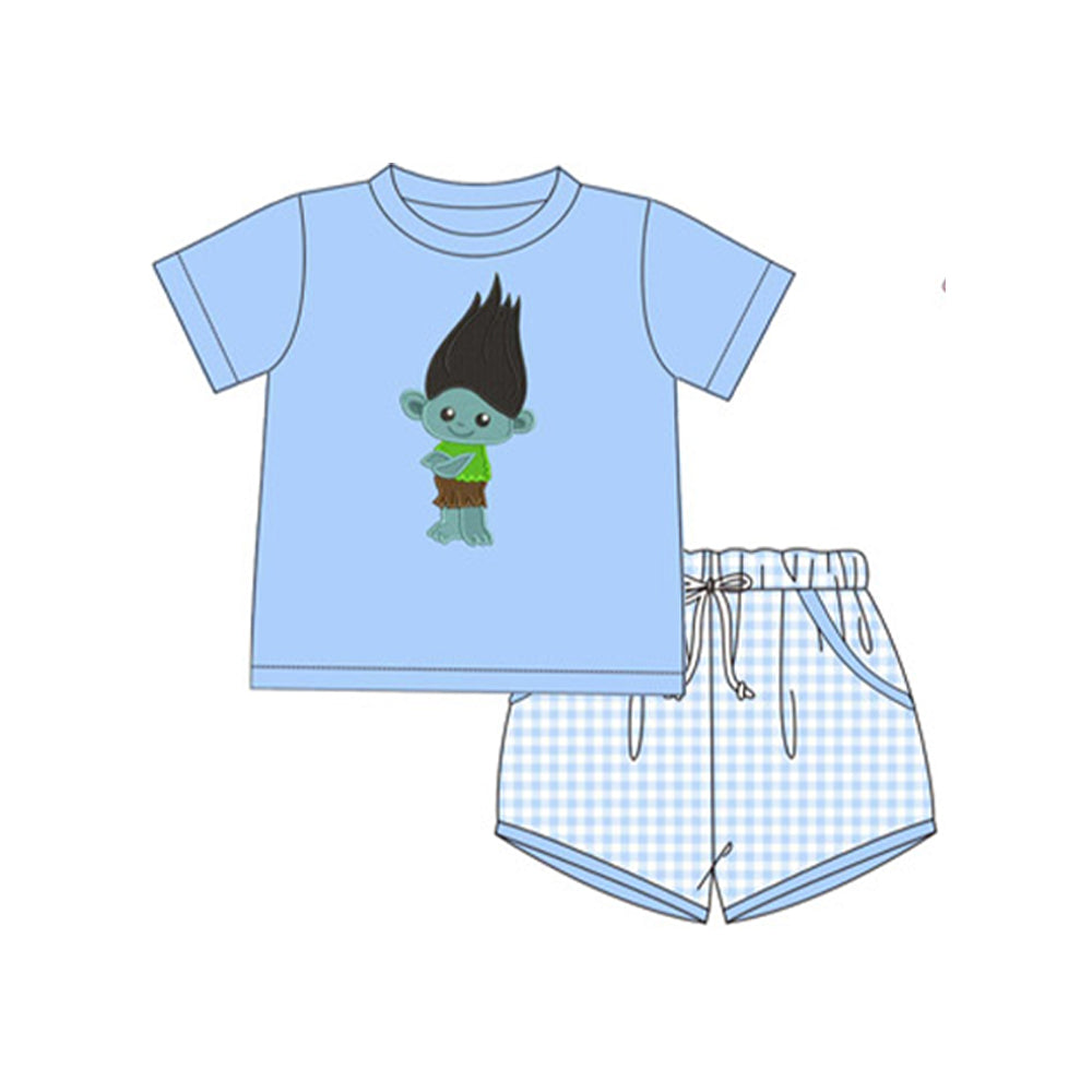 Baby Boys Blue Short Sleeves Cartoon Long Hair Print Top Plaid Pockets Short Set Preorder