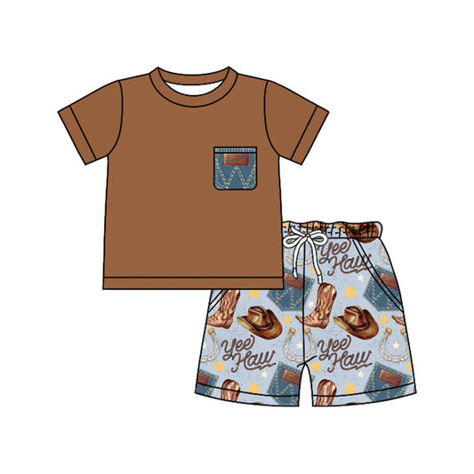 Baby Boys Brown Short Sleeves Pocket Top Boots Hats Short Western Set Preorder