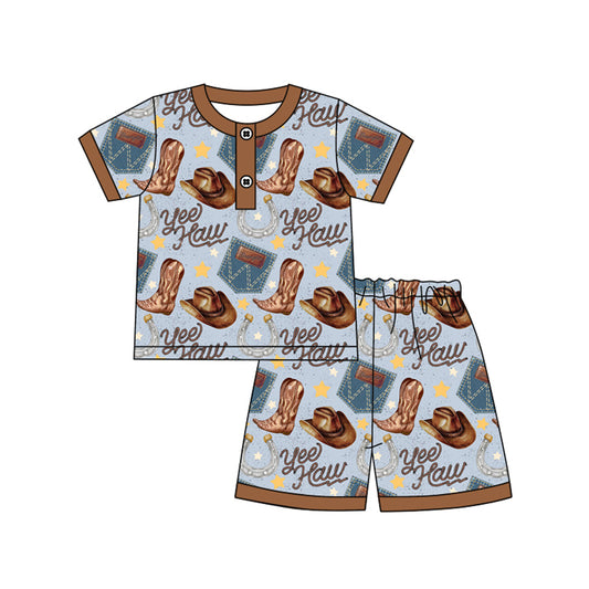 Baby Boys Brown Short Sleeves Button Down Boots Hats Top Short Western Pajamas Set Preorder