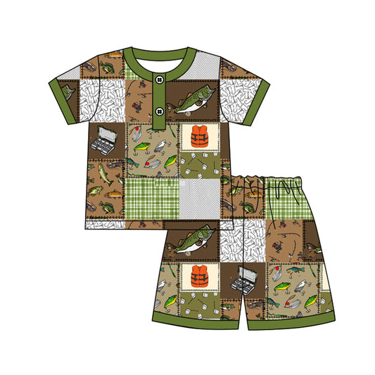 Baby Boys Olive Short Sleeves Button Down Plaid Fishing Top Short Hunting Pajamas Set Preorder