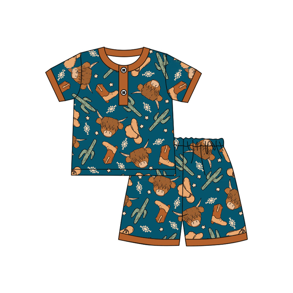 Baby Boys Navy Short Sleeves Button Down Highland Cows Cactus Top Short Western Pajamas Set Preorder