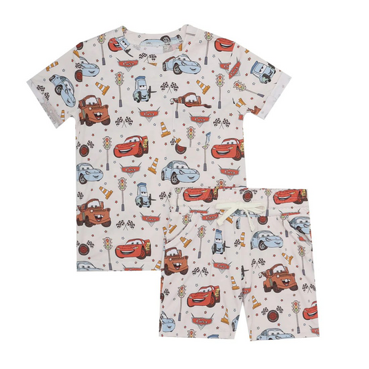 Baby Boys White Short Sleeves Cartoon Cars Top Pockets Short Set Preorder