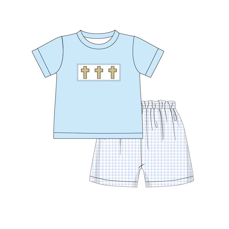 Baby Boys Blue Short Sleeves Cross Top Plaid Short Easter Set Preorder