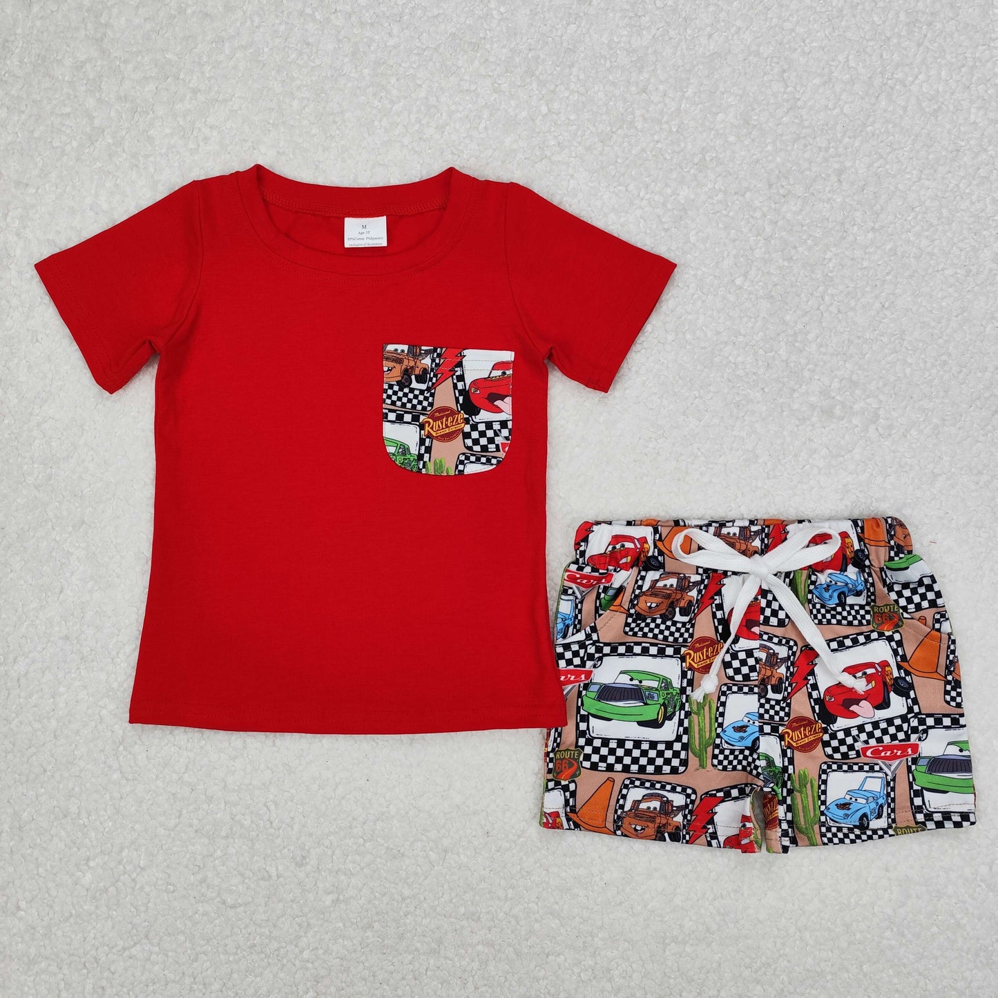 Baby Boys Red Short Sleeves Pocket Top Cartoon Cars Shorts Set