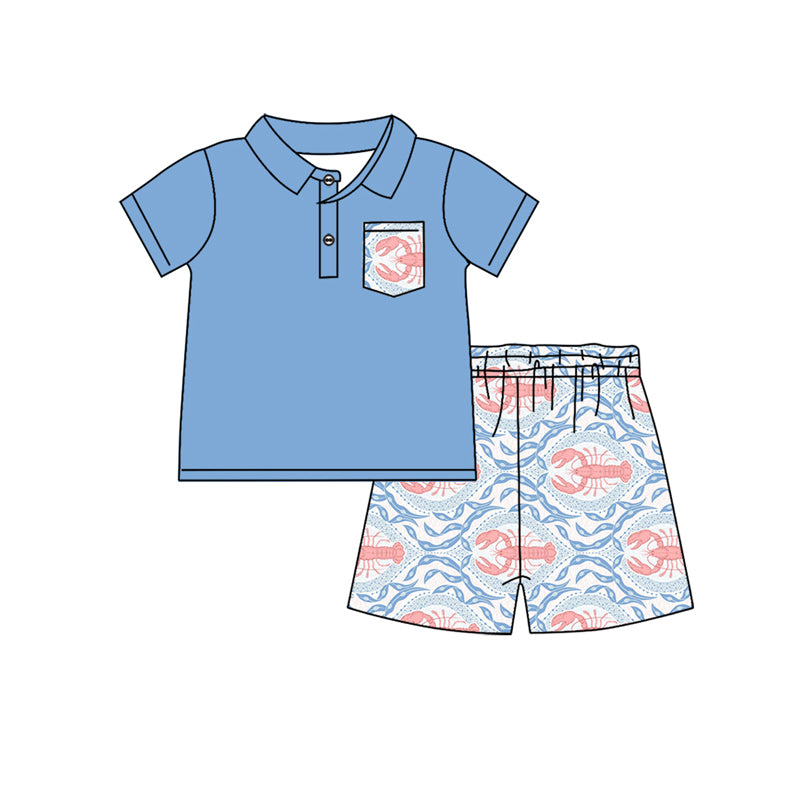 Baby Boys Blue Short Sleeves Crayfishes Pocket Top Plaid Short Mardi Gras Set Preorder