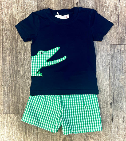 Baby Boys Navy Short Sleeves Crocodile Top Green Plaid Short Set Preorder