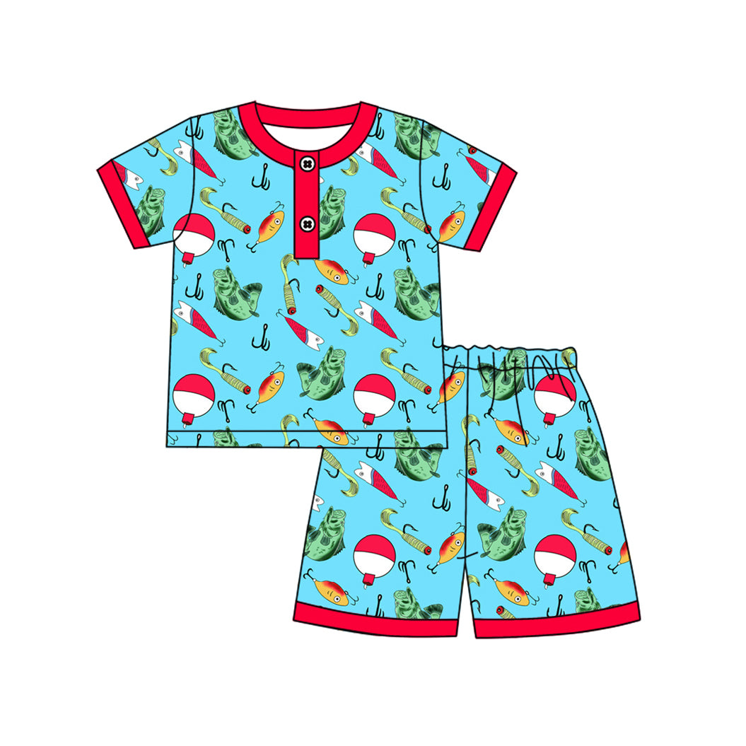 Baby Boys Blue Short Sleeves Button Down Fishes Top Short Hunting Pajamas Set Preorder