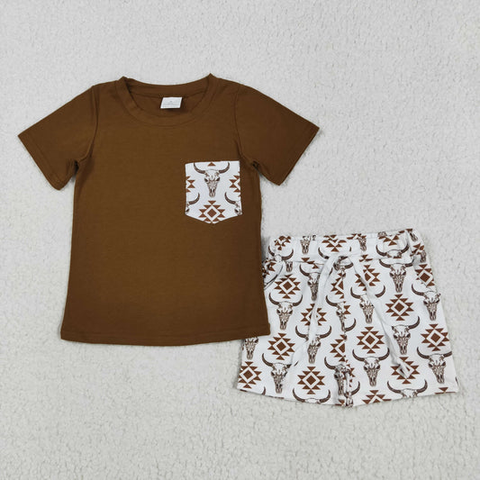 Baby Boys Brown Short Sleeves Pocket Top Bull Skull Aztec Short Set