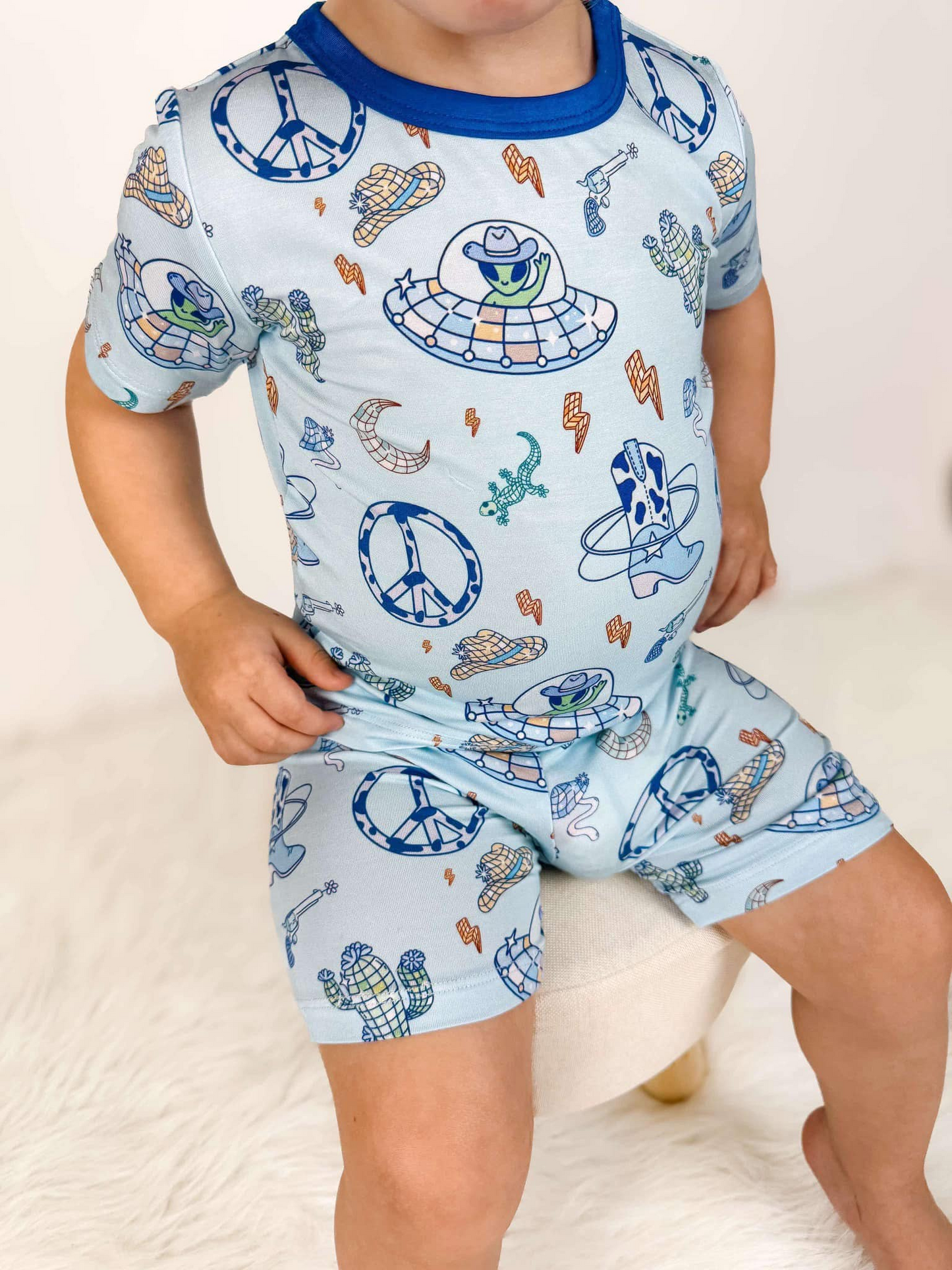 Baby Boys Blue Short Sleeves Boots Hats Lightning Top Short Pajamas Set Preorder