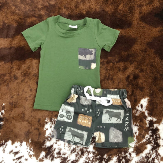 Baby Boys Dark Green Short Sleeves Pocket Top Ducks Boots Plaid Short Western Set