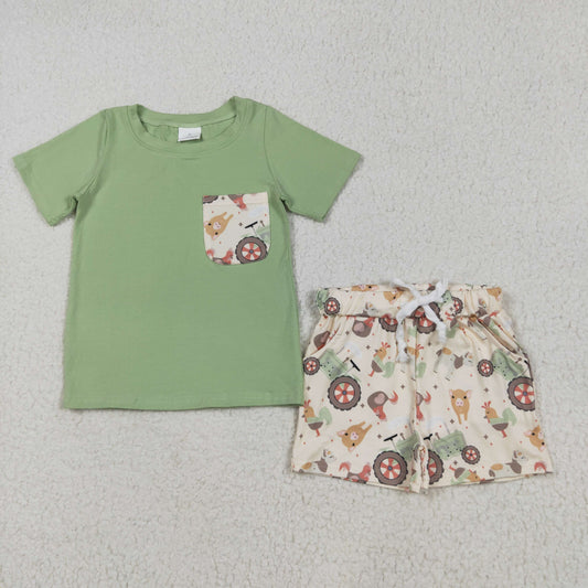 Summer Toddler Boys Green Top Farm Friends Shorts Set