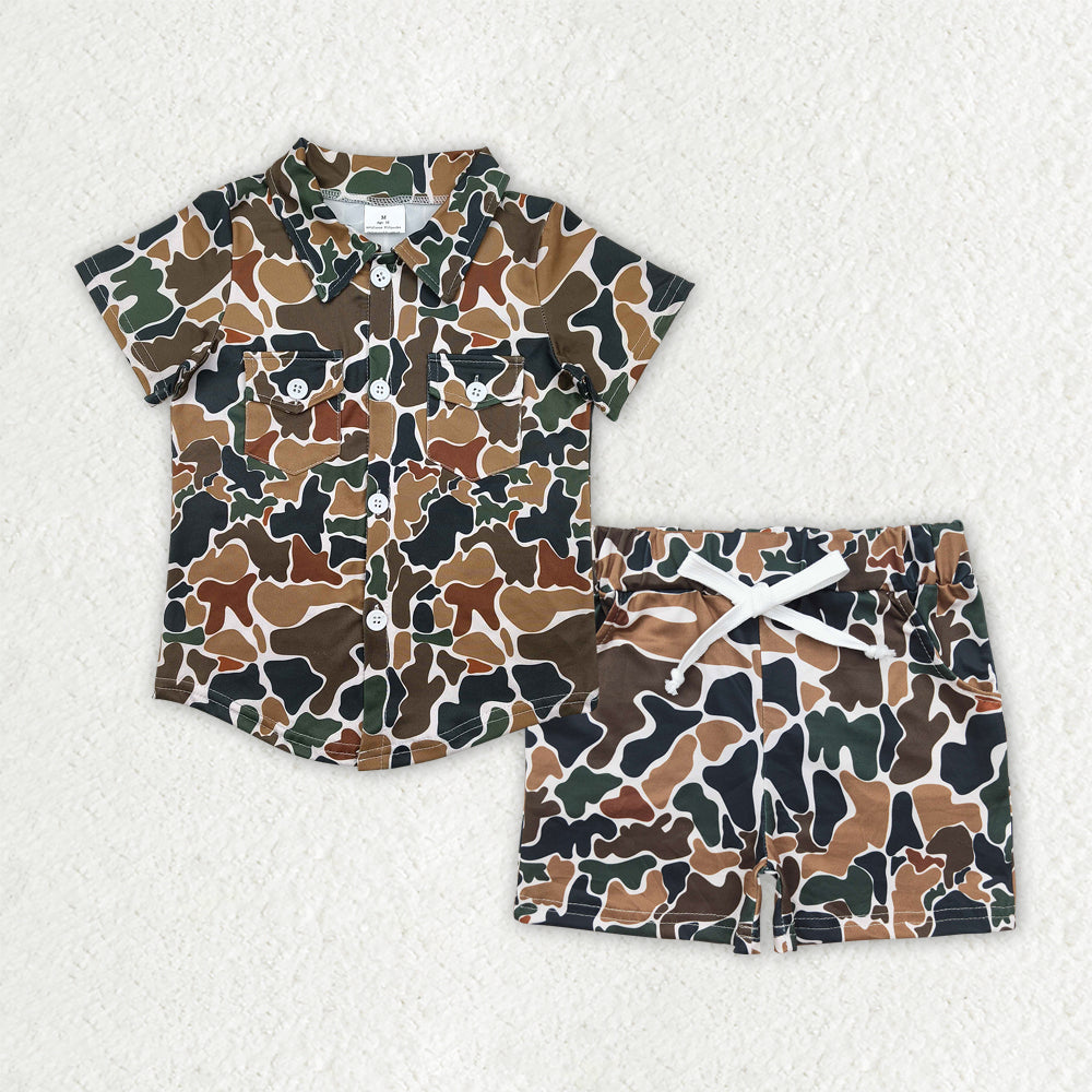 Kids Boys Brown Camo Shirt Top Shorts Set