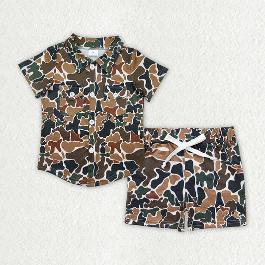 Kids Boys Brown Camo Shirt Top Shorts Set