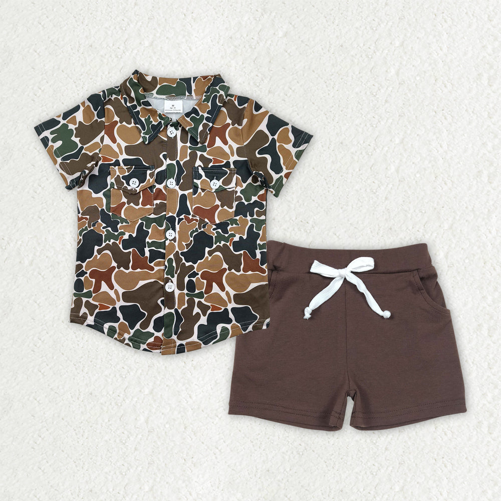 Kids Boys Brown Camo Shirt Top Brown Shorts Set
