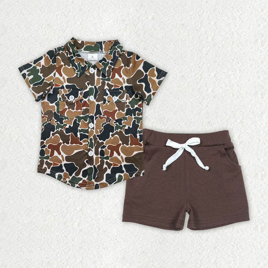 Kids Boys Brown Camo Shirt Top Brown Shorts Set