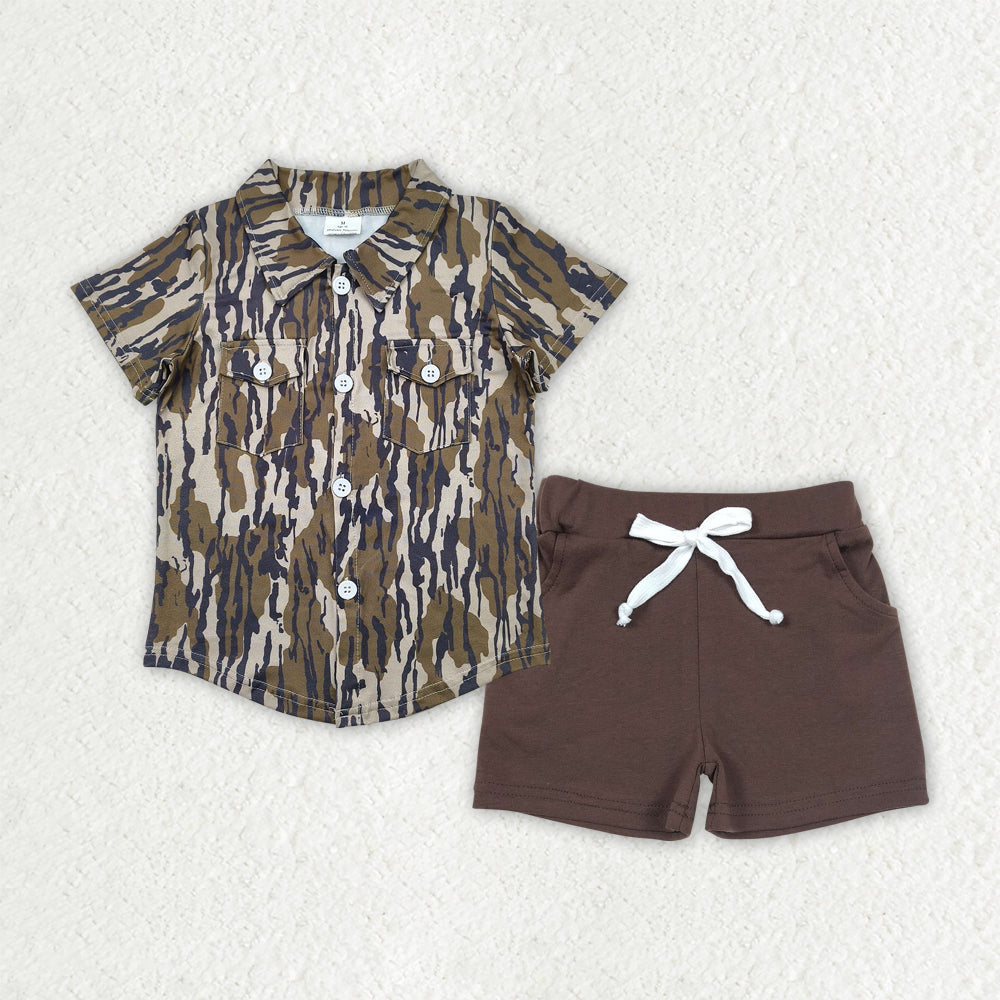 Kids Boys Bottomland Camouflage Camo Shirt Top Brown Shorts Set