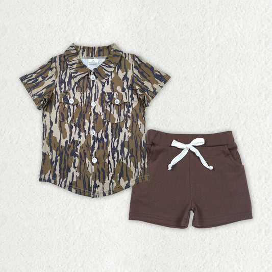 Kids Boys Bottomland Camouflage Camo Shirt Top Brown Shorts Set