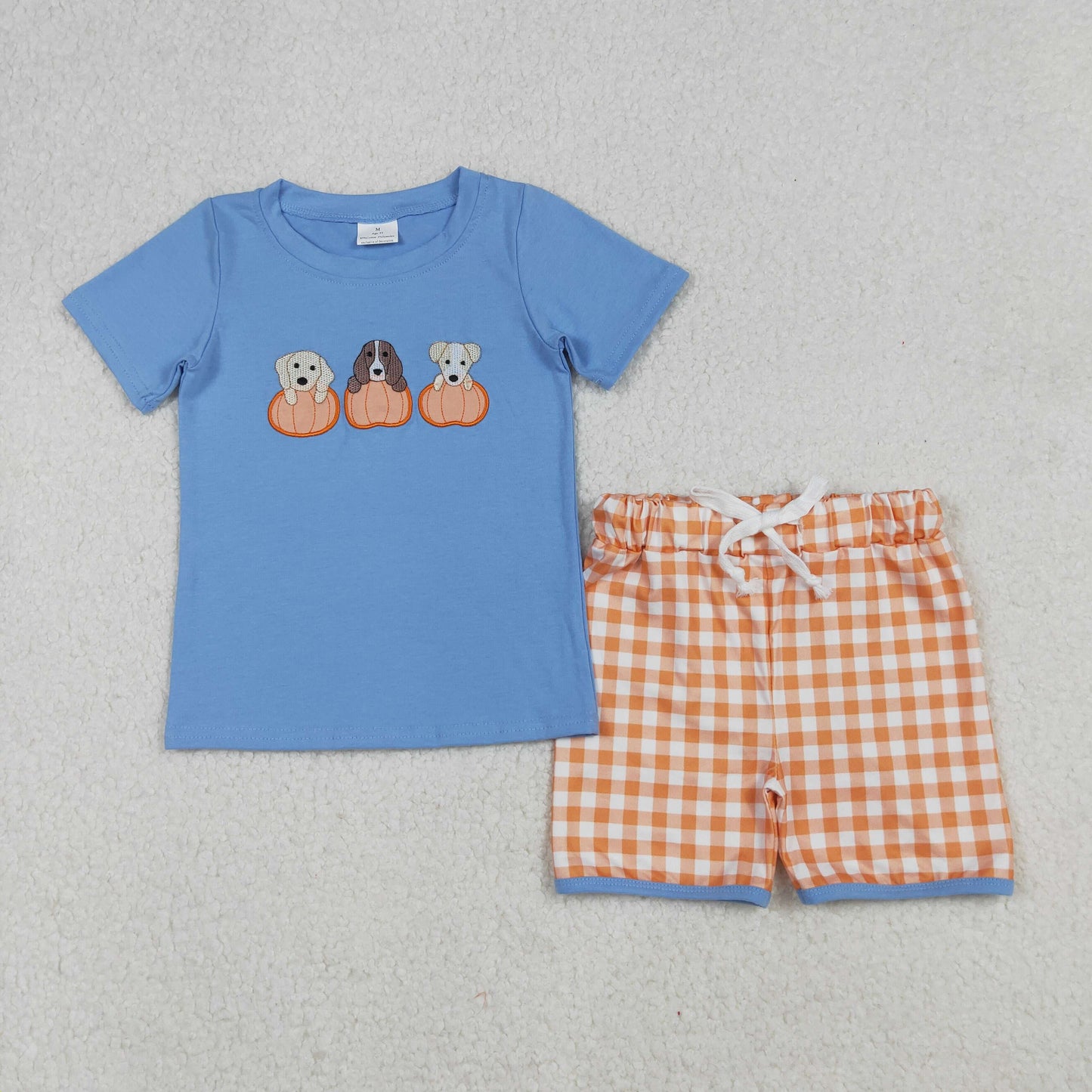 Baby Boys Sibling Pumpkin Dog Applique Shorts Set and Romper