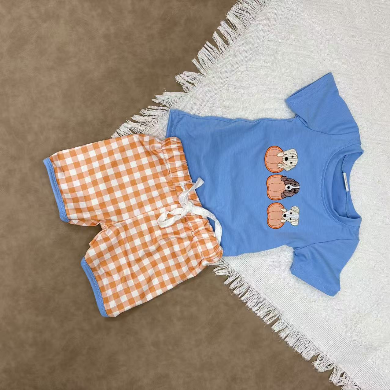 Baby Boys Sibling Pumpkin Dog Applique Shorts Set and Romper